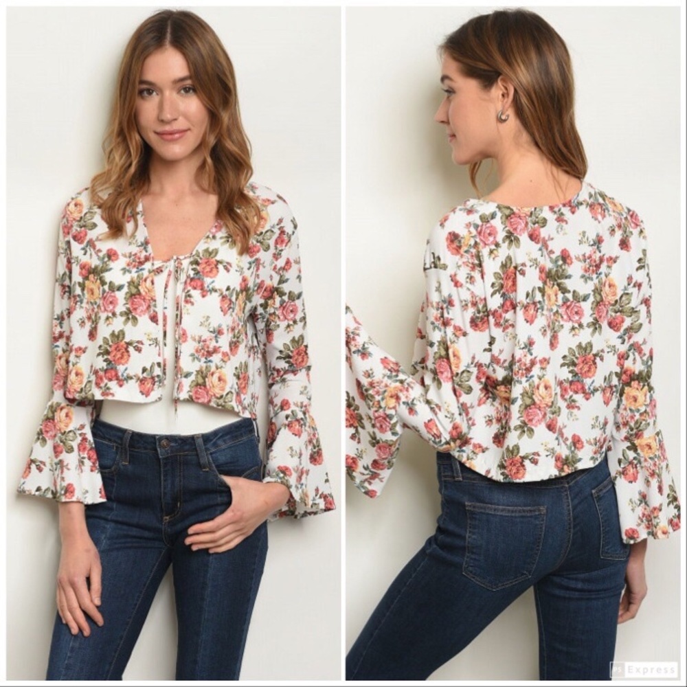 Ivory Floral Tie Front Crop Top with Bell Sleeves